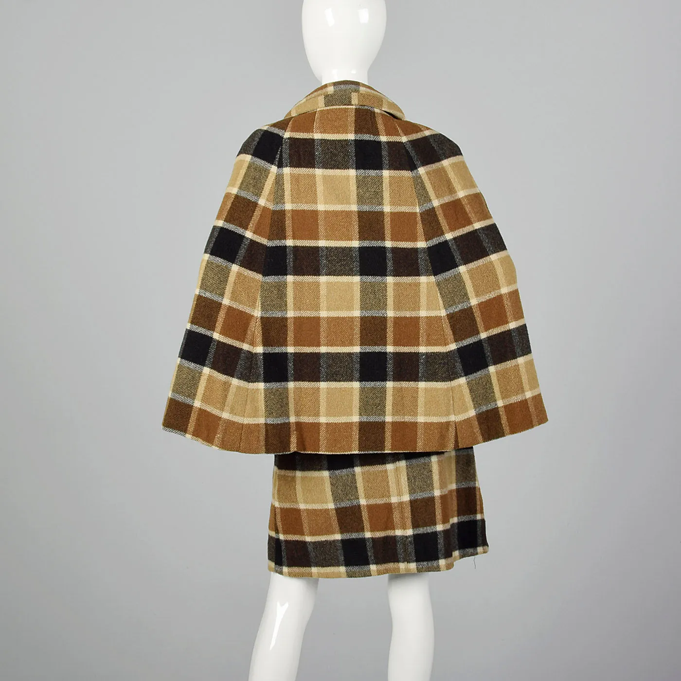 1960s Brown Plaid Skirt Suit with Cape