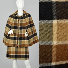 1960s Brown Plaid Skirt Suit with Cape