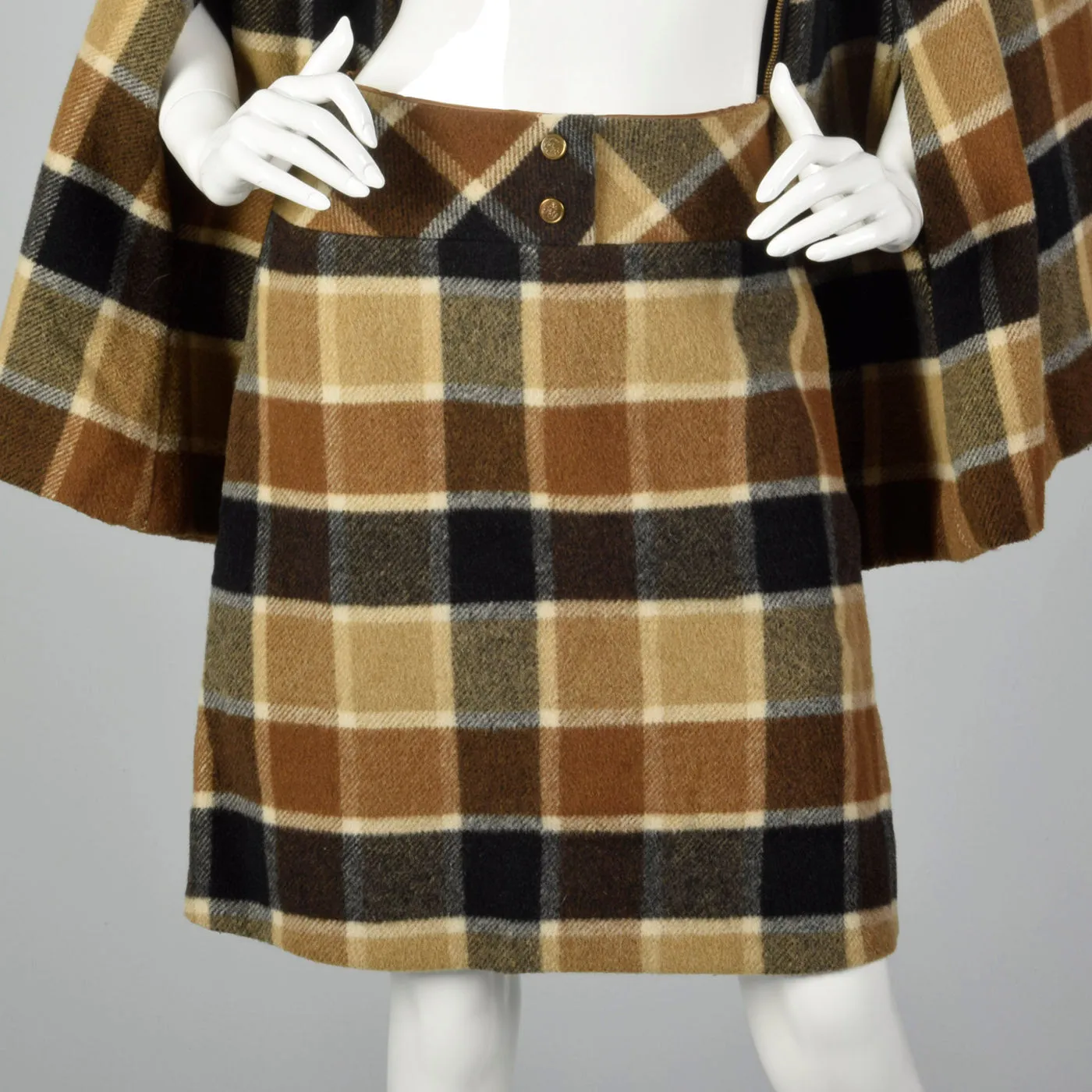 1960s Brown Plaid Skirt Suit with Cape