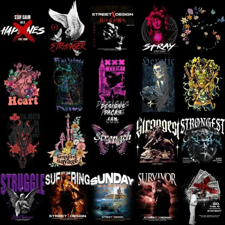 200 Mixed Streetwear Designs Bundle PNG   PSD