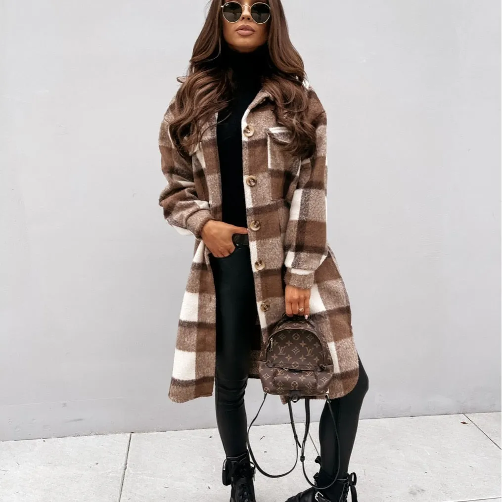 2022 new Women Super Long Checked Jacket Casual Oversized Shirt Jackets