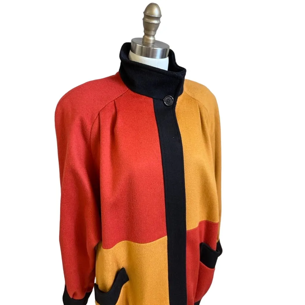 80s Vtg Retro Steve Evans Color Block Wool Coat Womens L Orange Yellow Black