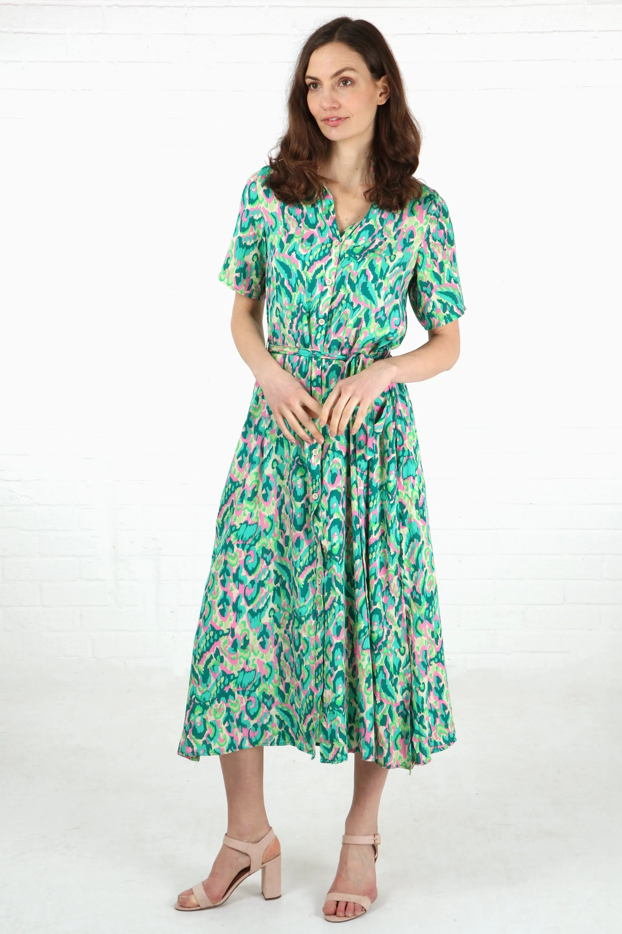 Abstract Print Short Sleeve Button Down Midi Shirt Dress in Green