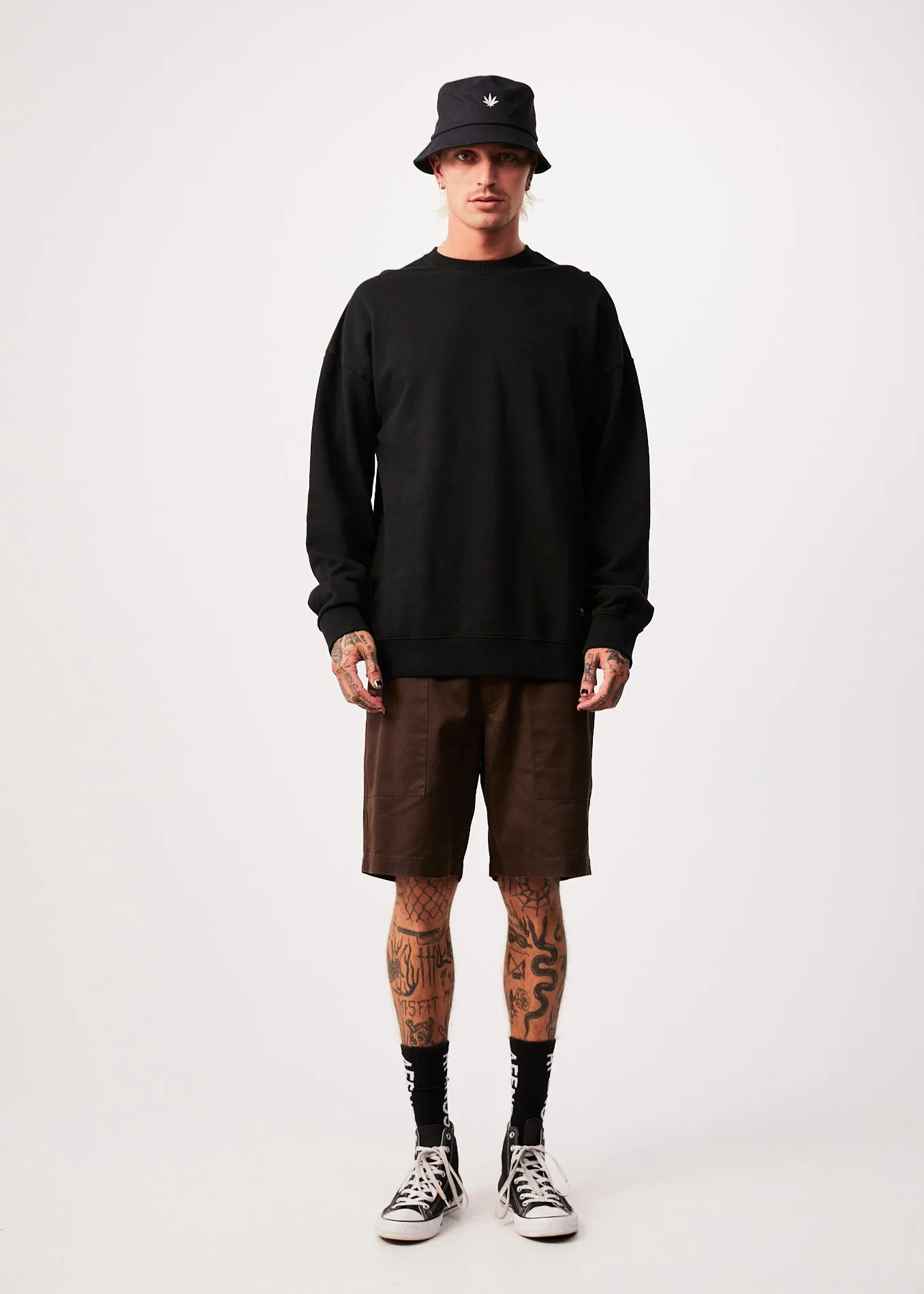 AFENDS Mens Sativa - Oversized Crew Neck Jumper - Black