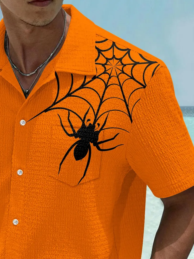 Alohadaddy Halloween Spider Print Men's Seersucker Stretch Shirt Big Tall