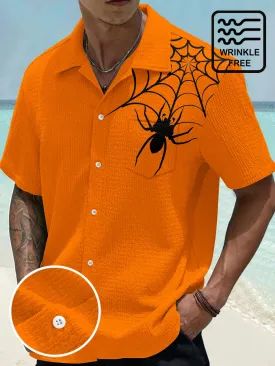 Alohadaddy Halloween Spider Print Men's Seersucker Stretch Shirt Big Tall