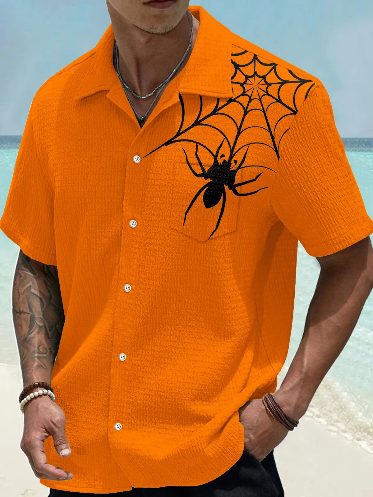 Alohadaddy Halloween Spider Print Men's Seersucker Stretch Shirt Big Tall