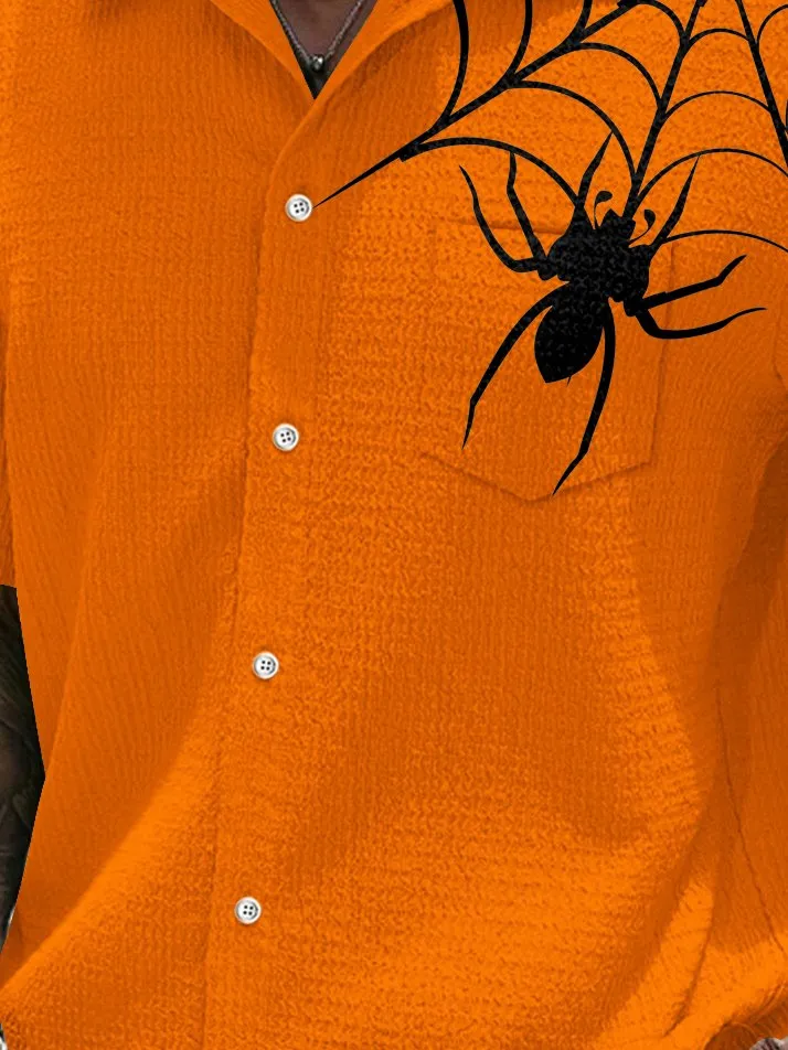 Alohadaddy Halloween Spider Print Men's Seersucker Stretch Shirt Big Tall