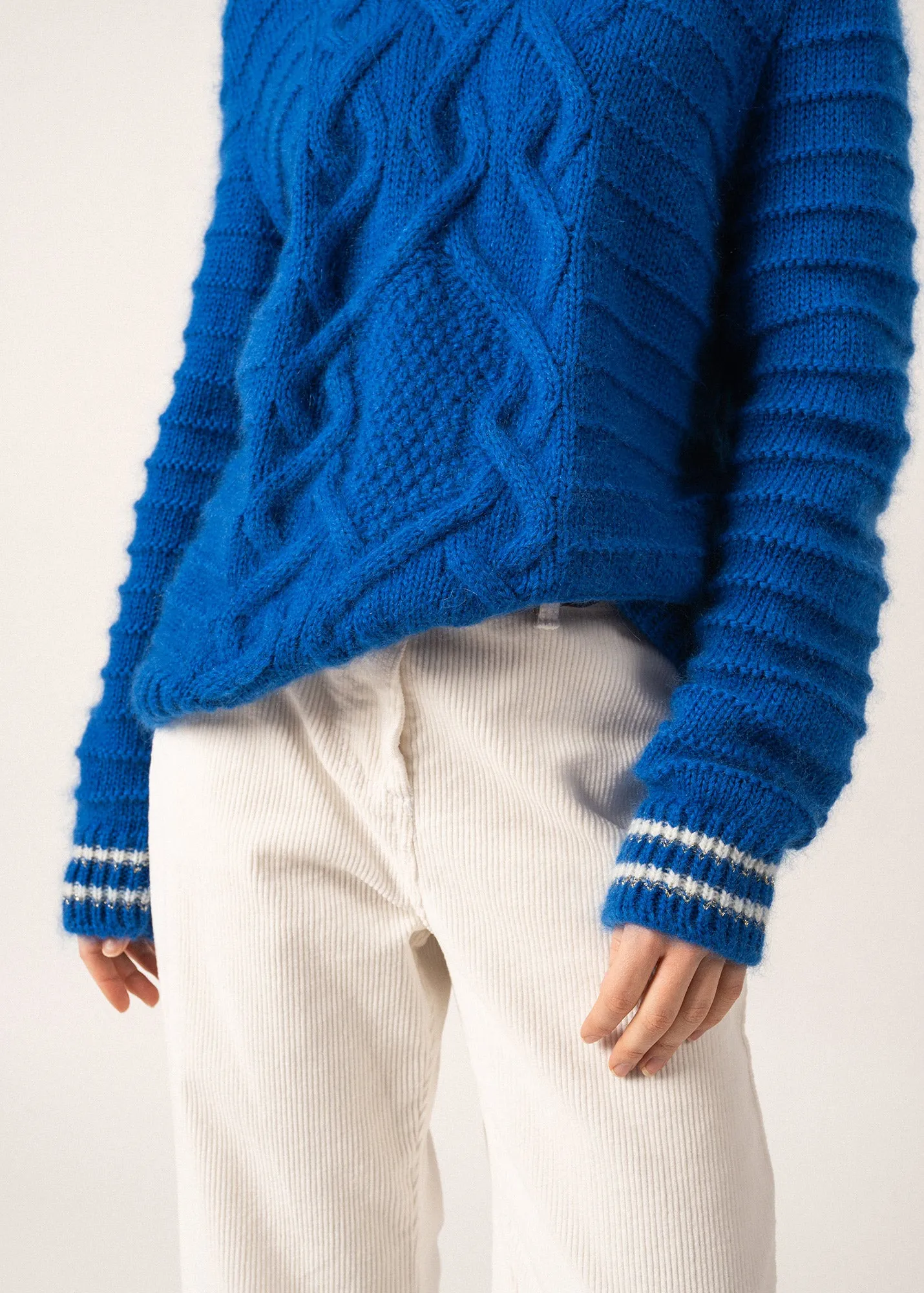 ALPES - Mock Neck Cable Sweater for Women | Mohair Blend (ROYAL BLUE)