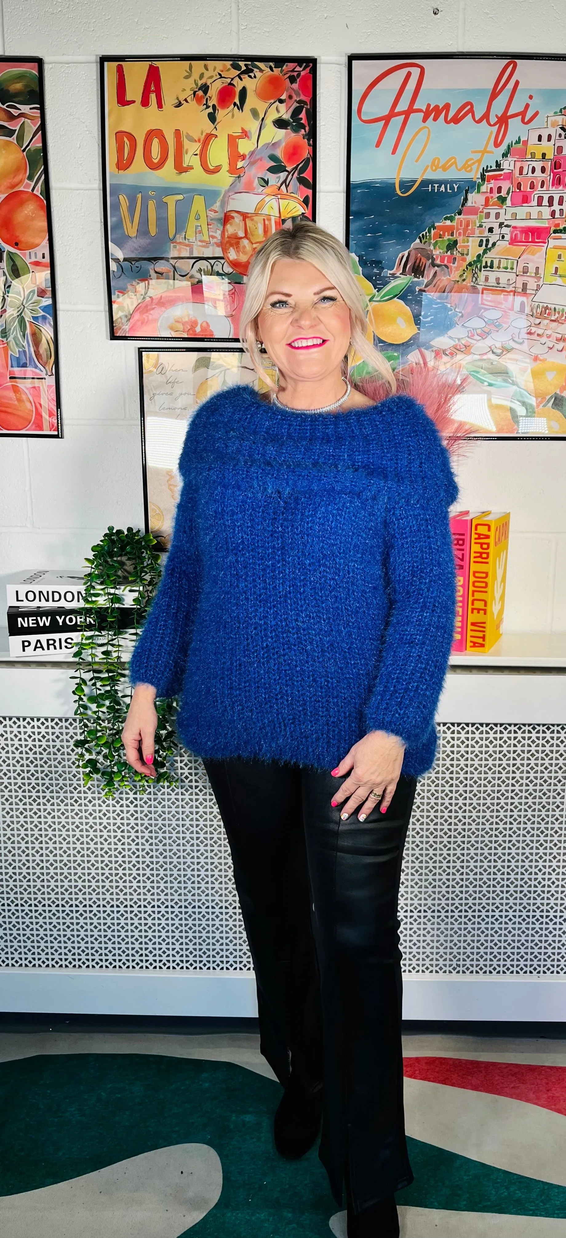 Anastasia Fluffy Bardot Jumper - Cobalt Blue