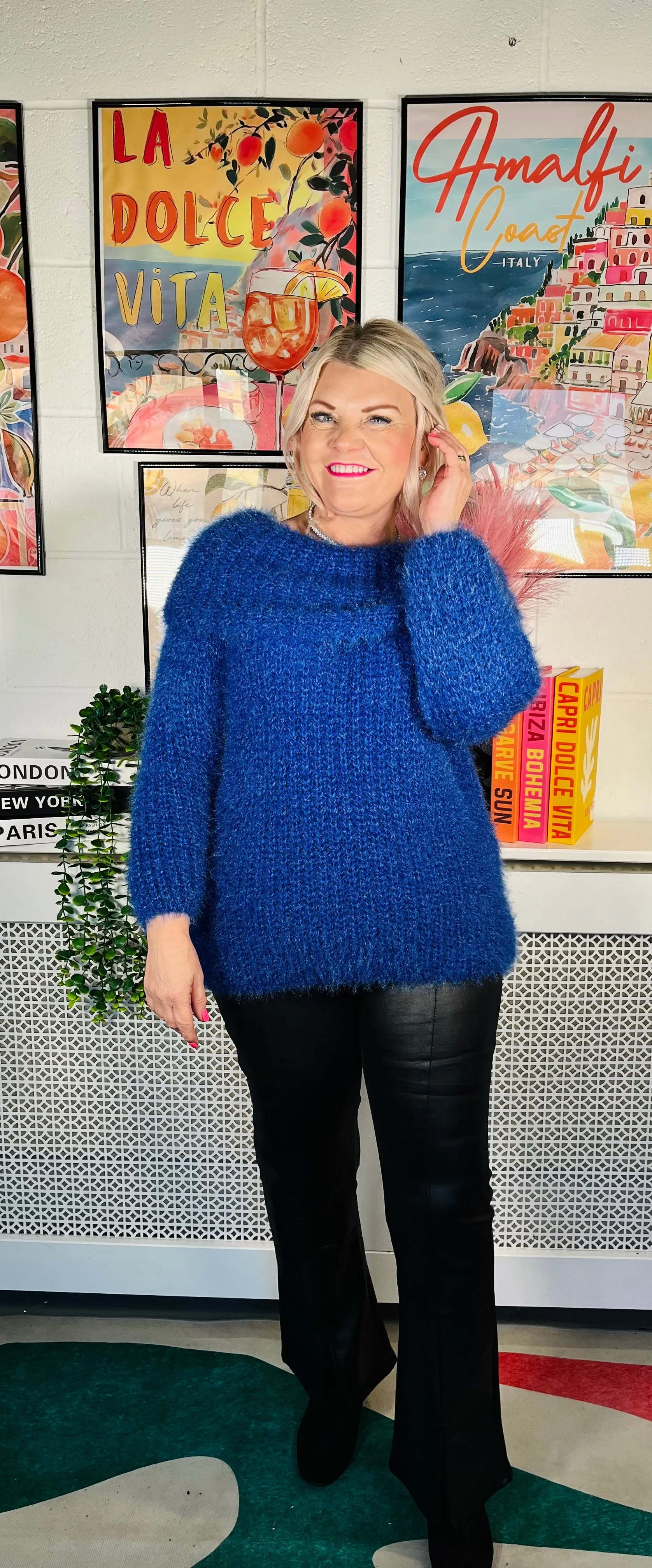 Anastasia Fluffy Bardot Jumper - Cobalt Blue