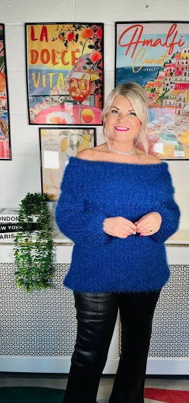 Anastasia Fluffy Bardot Jumper - Cobalt Blue