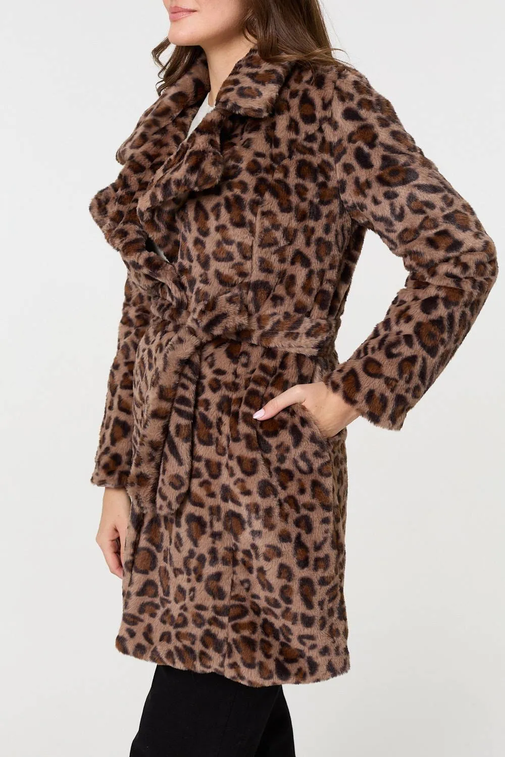 Animal Print Faux Fur Tie Waist Jacket