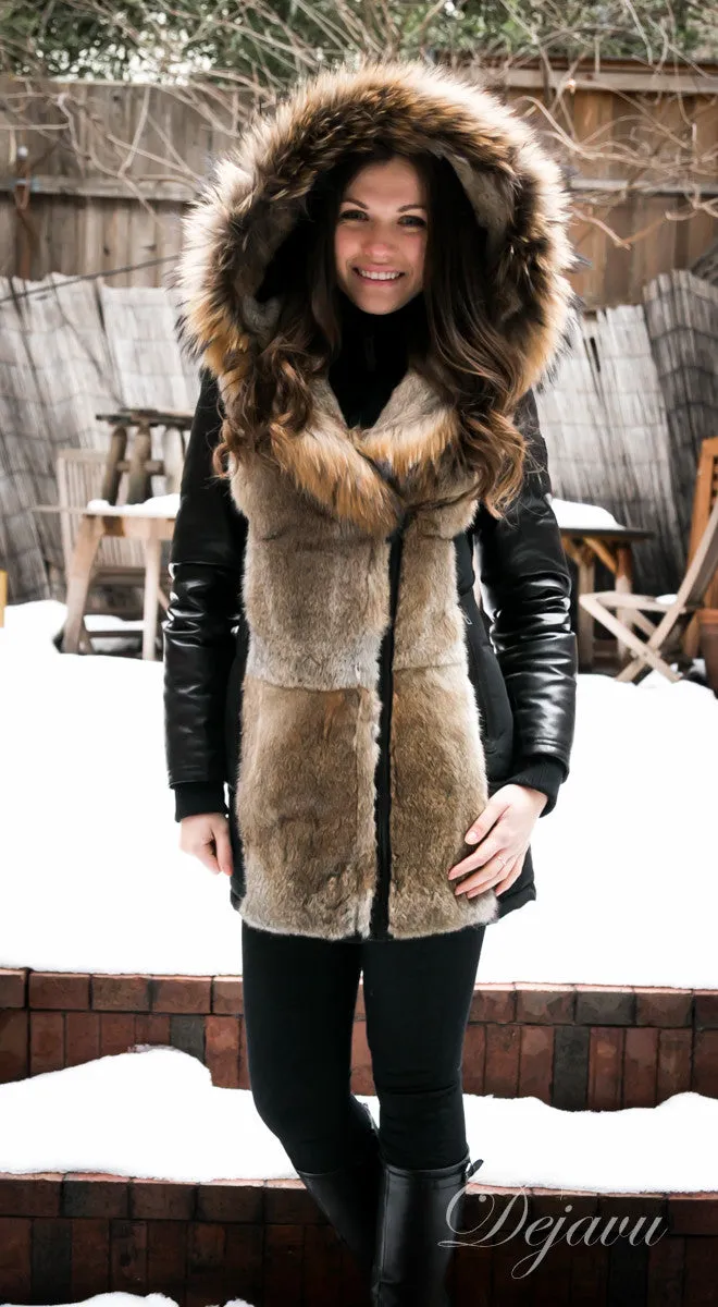 Arly Leather Sleeved Parka With Fur Trim