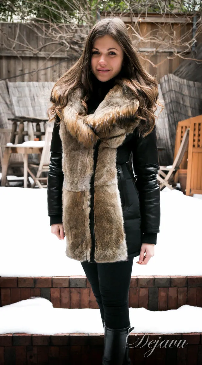 Arly Leather Sleeved Parka With Fur Trim