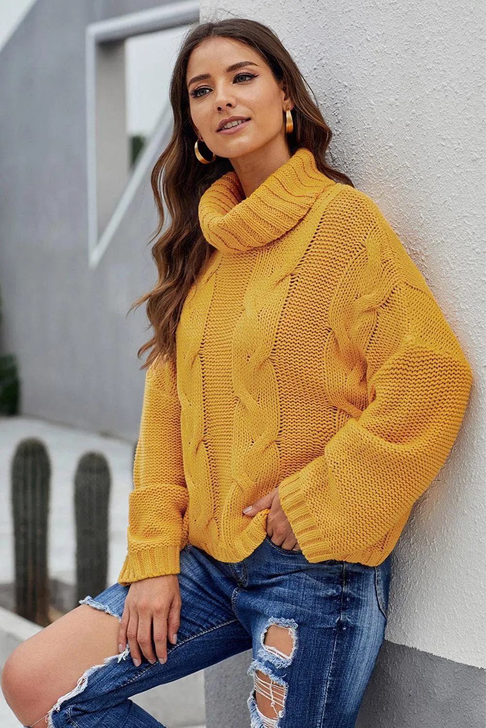 Autumnal Cable Knit Cowl Neck Pullover