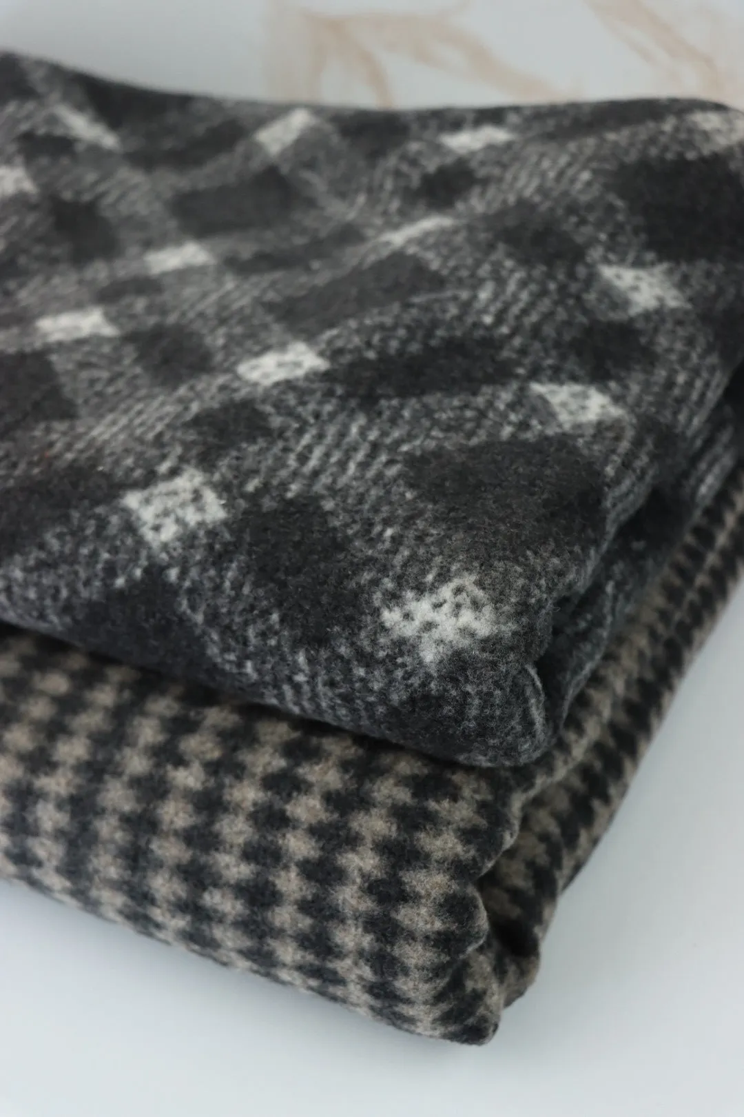 Black & Tan Harlequin Plaid Faux Wool Fleece Coating