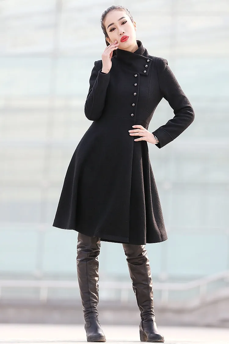 Black Big Sweep High Collar Women Wool Coat C220