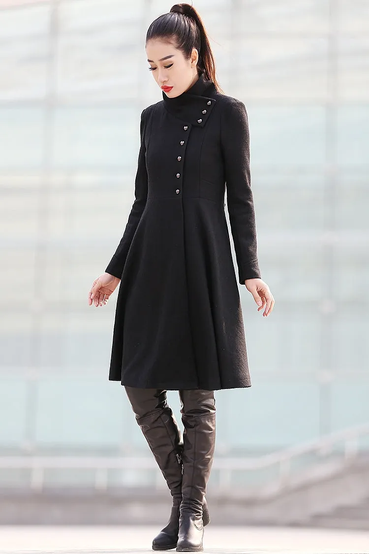 Black Big Sweep High Collar Women Wool Coat C220