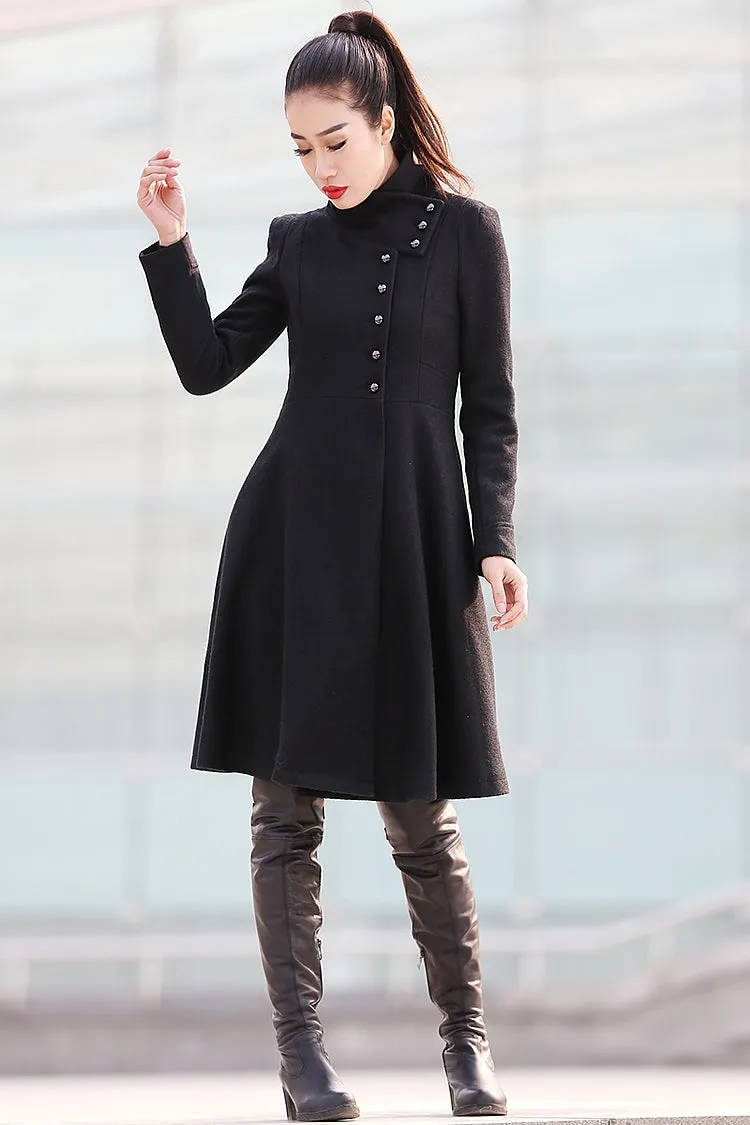 Black Big Sweep High Collar Women Wool Coat C220