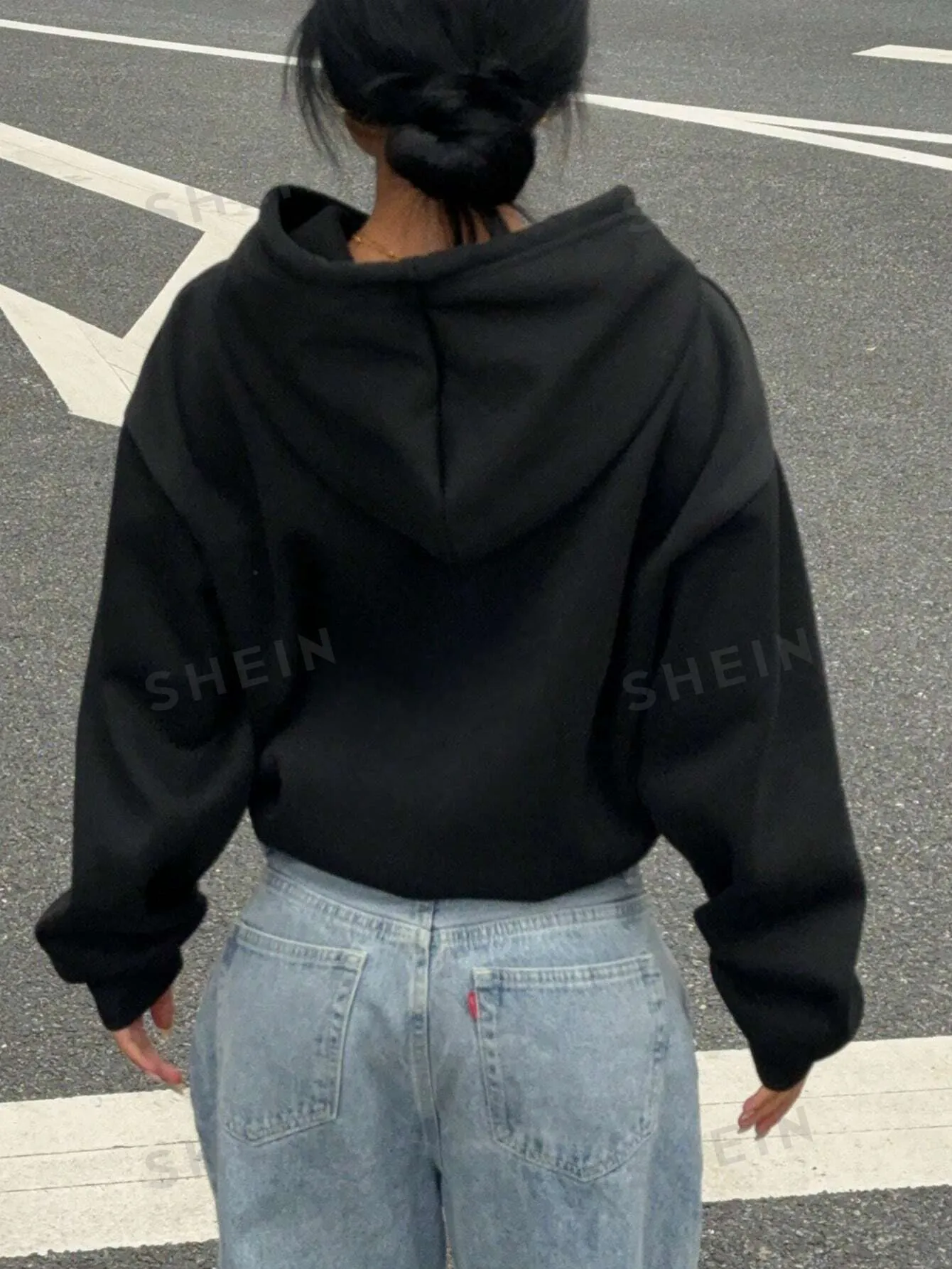 Black crew neck sweatshirt|Women's Black Casual Hoodie Sweatshirt, Suitable For Autumn & Winter