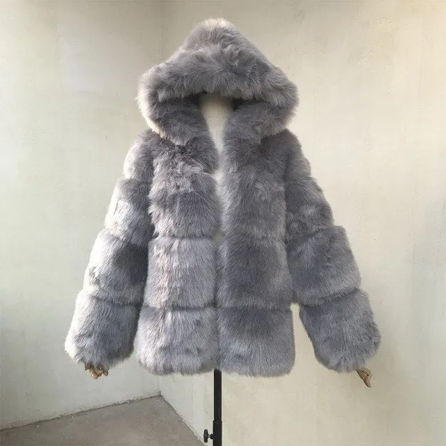 Black Faux Coat Hooded Fluffy Artificial Fur Coat