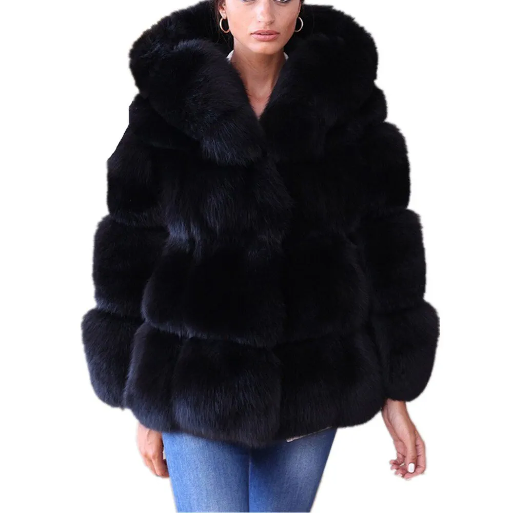 Black Faux Coat Hooded Fluffy Artificial Fur Coat