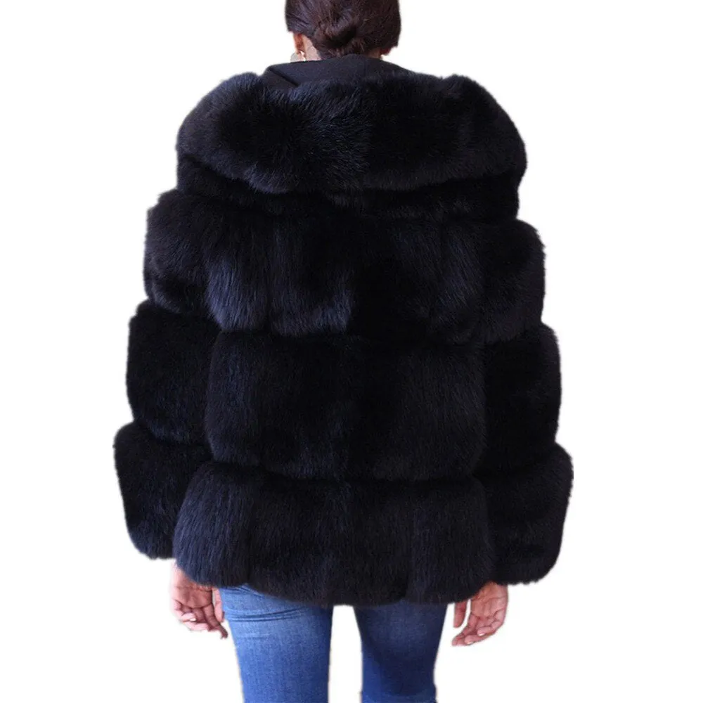 Black Faux Coat Hooded Fluffy Artificial Fur Coat