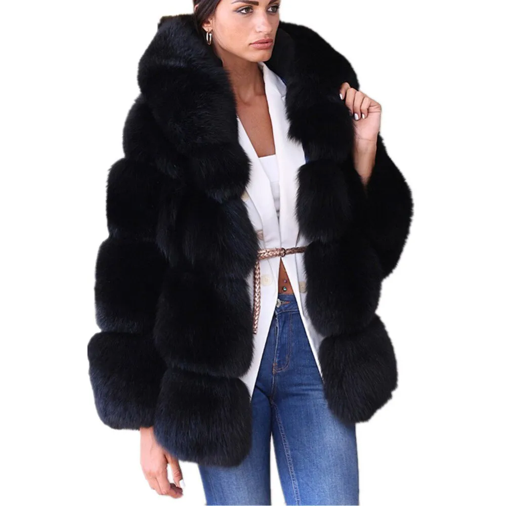 Black Faux Coat Hooded Fluffy Artificial Fur Coat