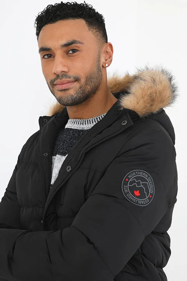 BLACK PADDED BADGE DETAIL FAUX FUR HOODED PARKA COAT