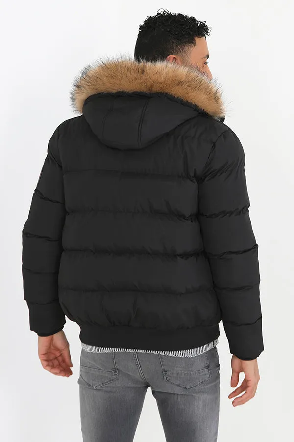 BLACK PADDED BADGE DETAIL FAUX FUR HOODED PARKA COAT