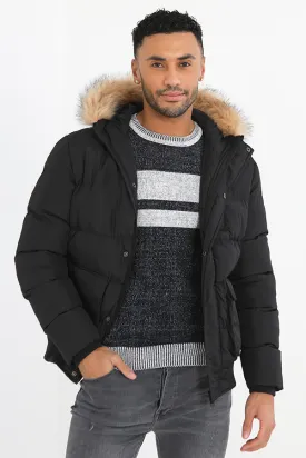 BLACK PADDED BADGE DETAIL FAUX FUR HOODED PARKA COAT