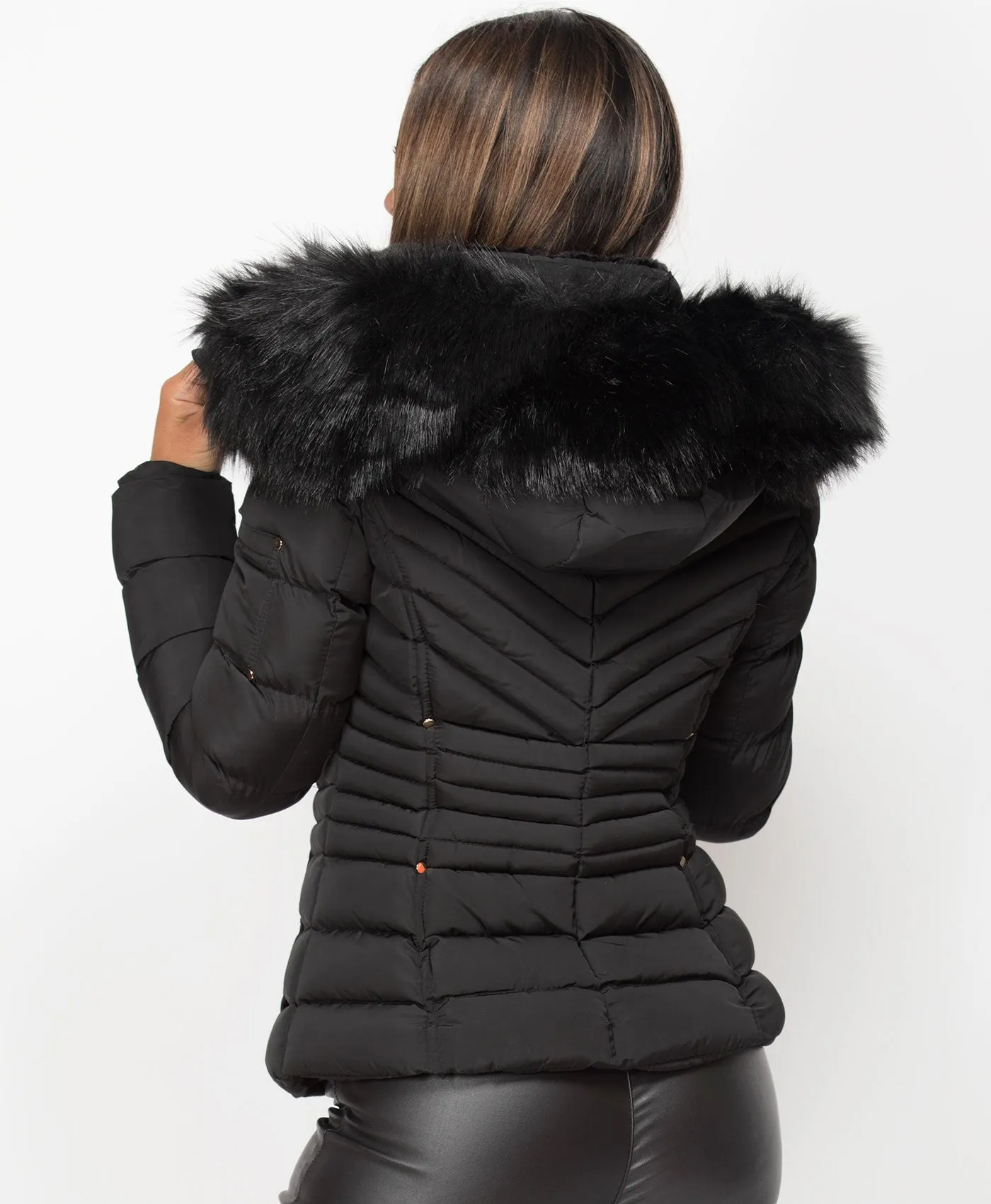 Black Padded Chevron Quilted Faux Fur Hooded Jacket