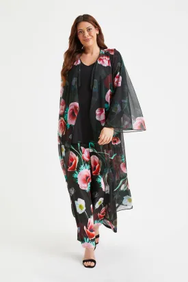 Black Red Poppy Waterfall Long Mesh Kimono