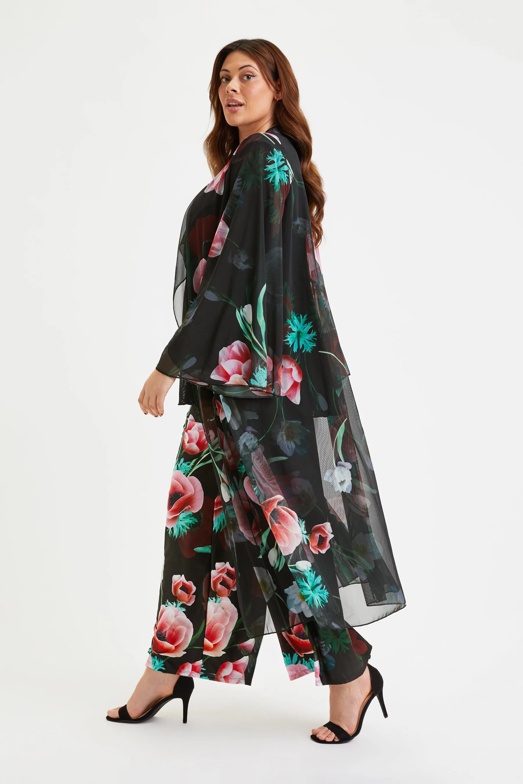 Black Red Poppy Waterfall Long Mesh Kimono