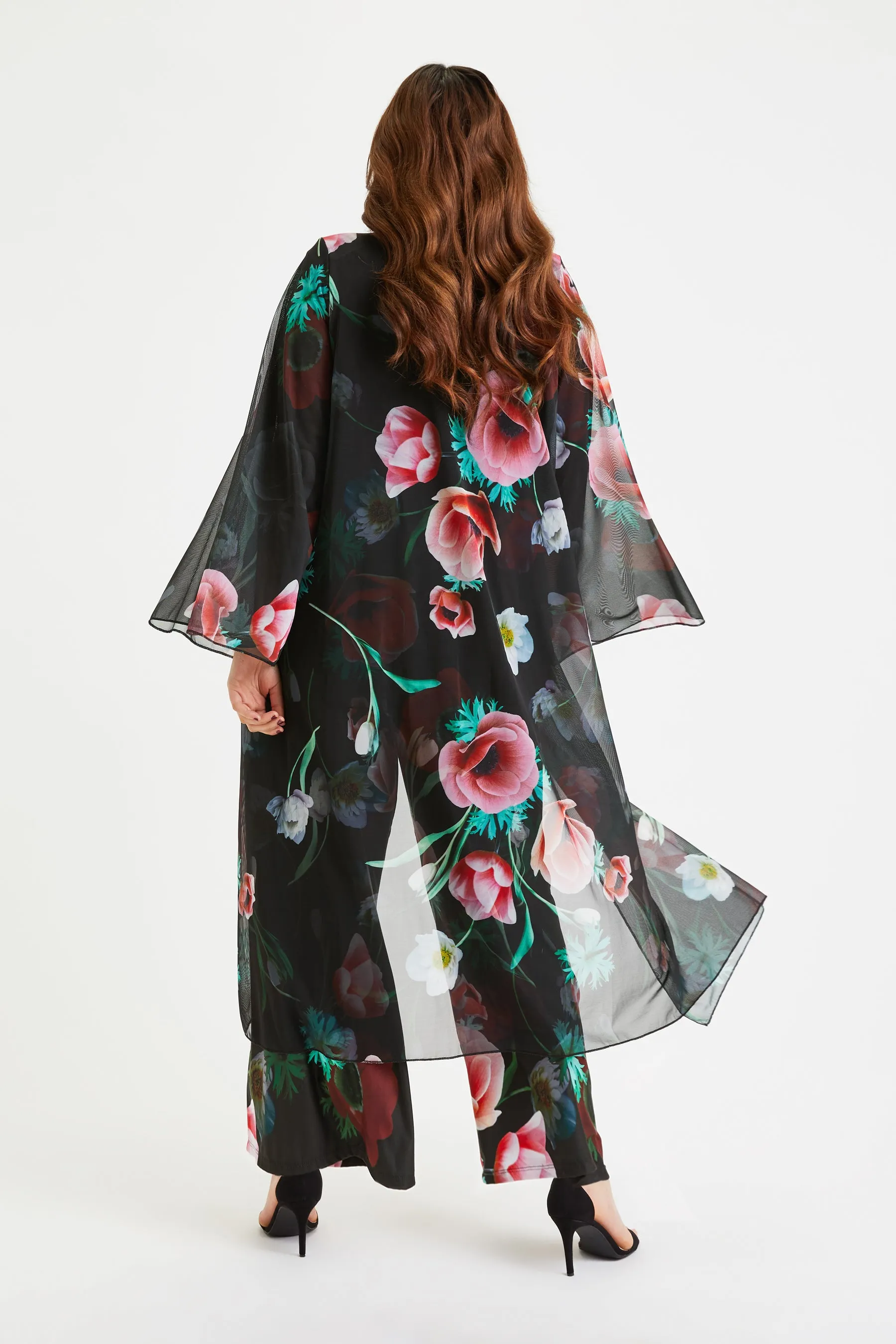 Black Red Poppy Waterfall Long Mesh Kimono