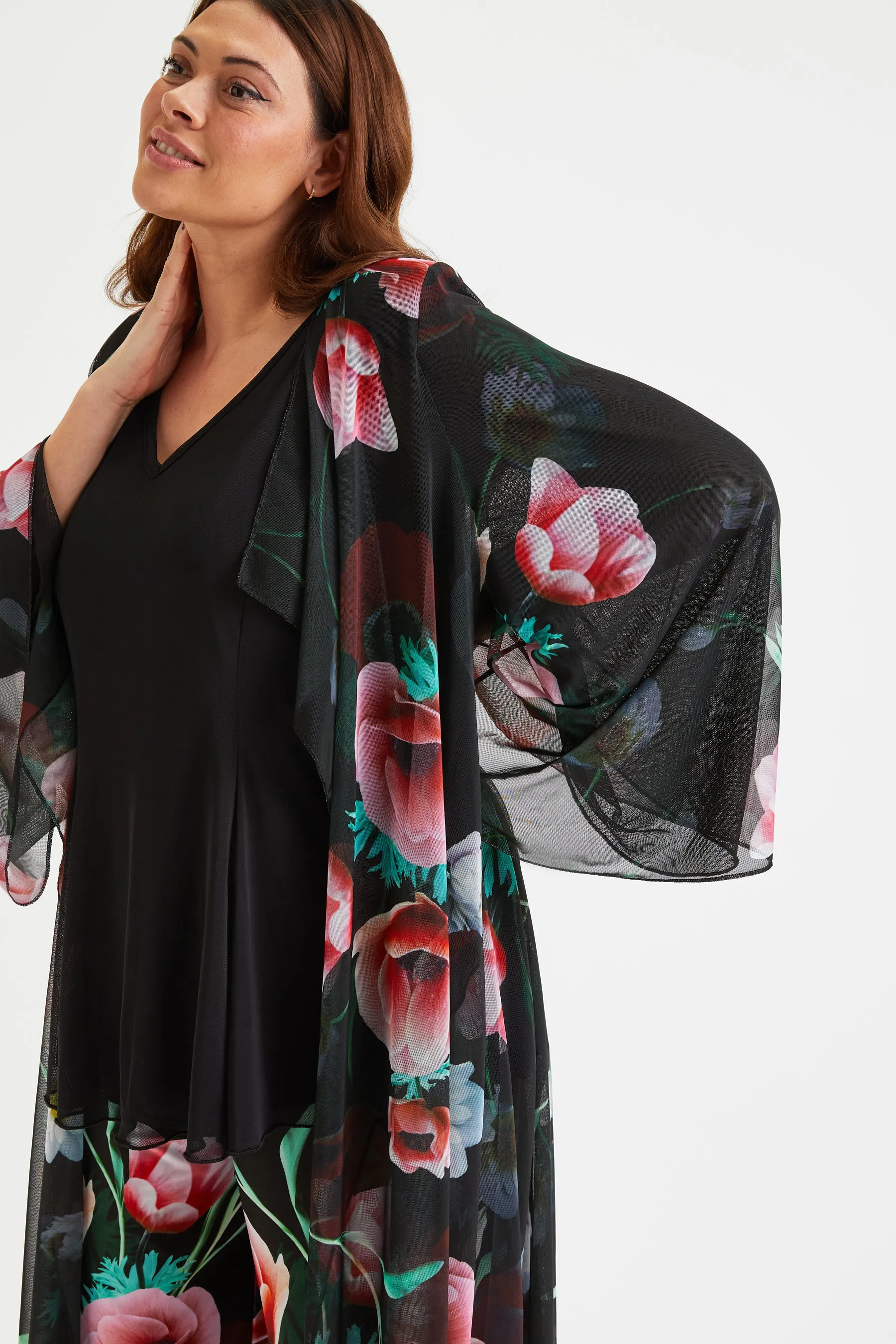 Black Red Poppy Waterfall Long Mesh Kimono