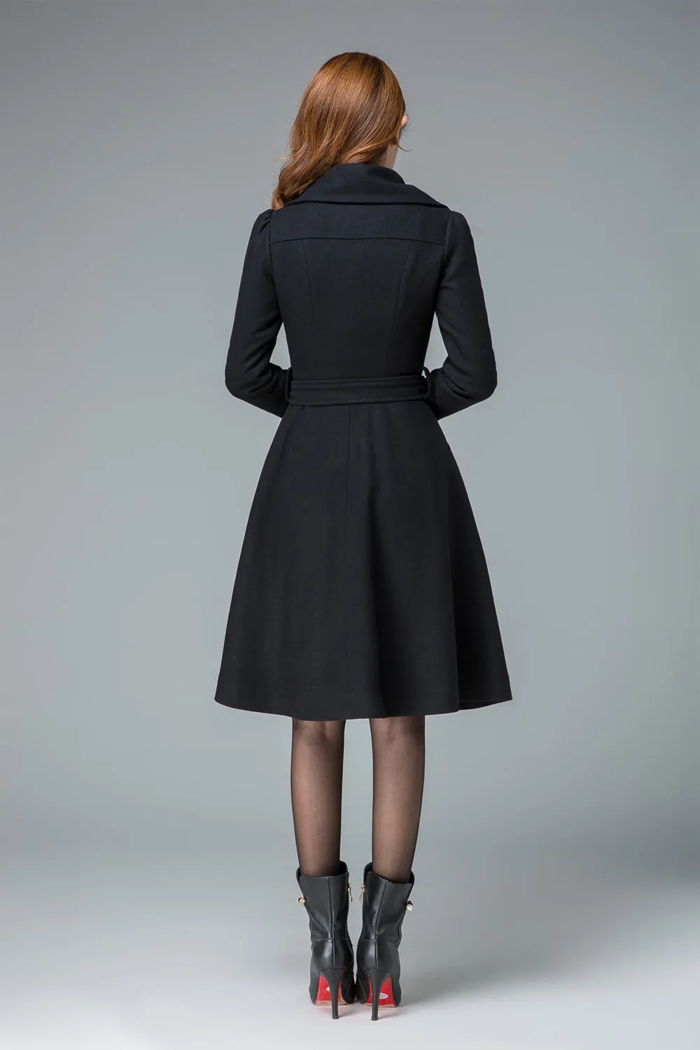 black winter coat , plus size coat , wool coat, lapel coat, short coat, fit and flare coat 1841#