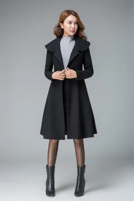 black winter coat , plus size coat , wool coat, lapel coat, short coat, fit and flare coat 1841#