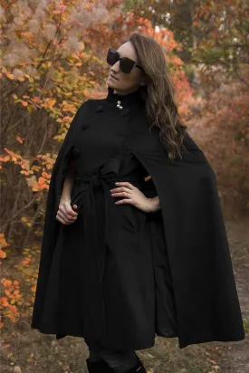 Black Winter Wool Cape Coat 3216