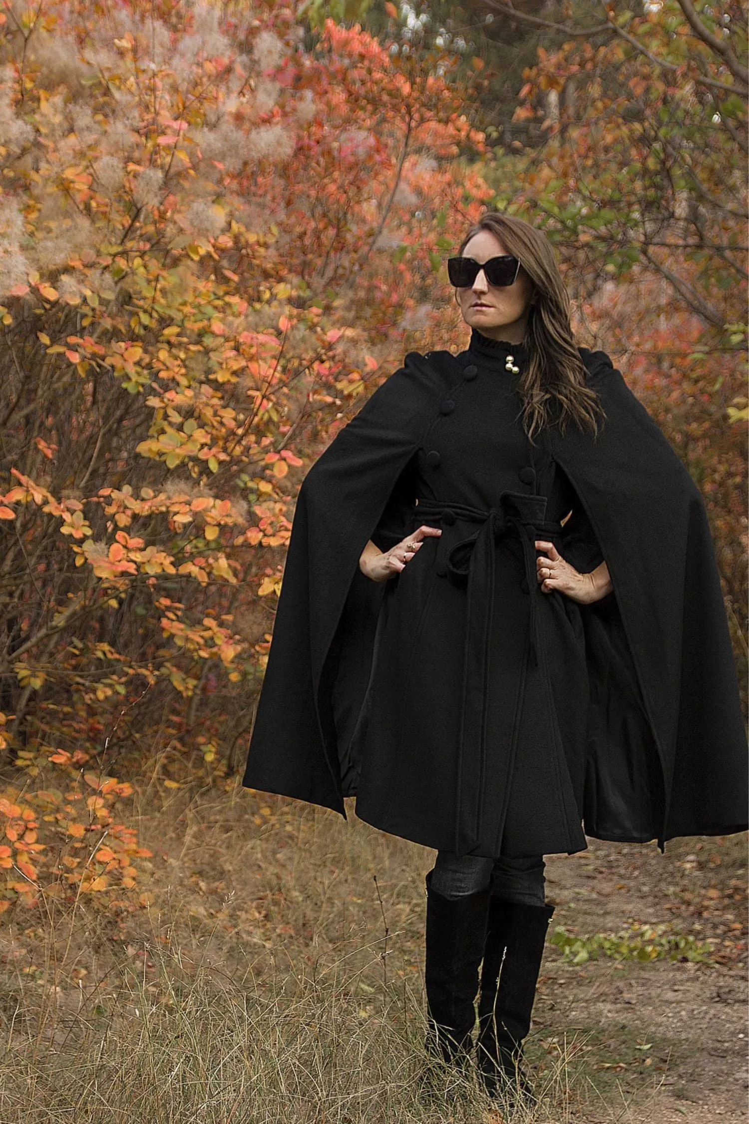 Black Winter Wool Cape Coat 3216