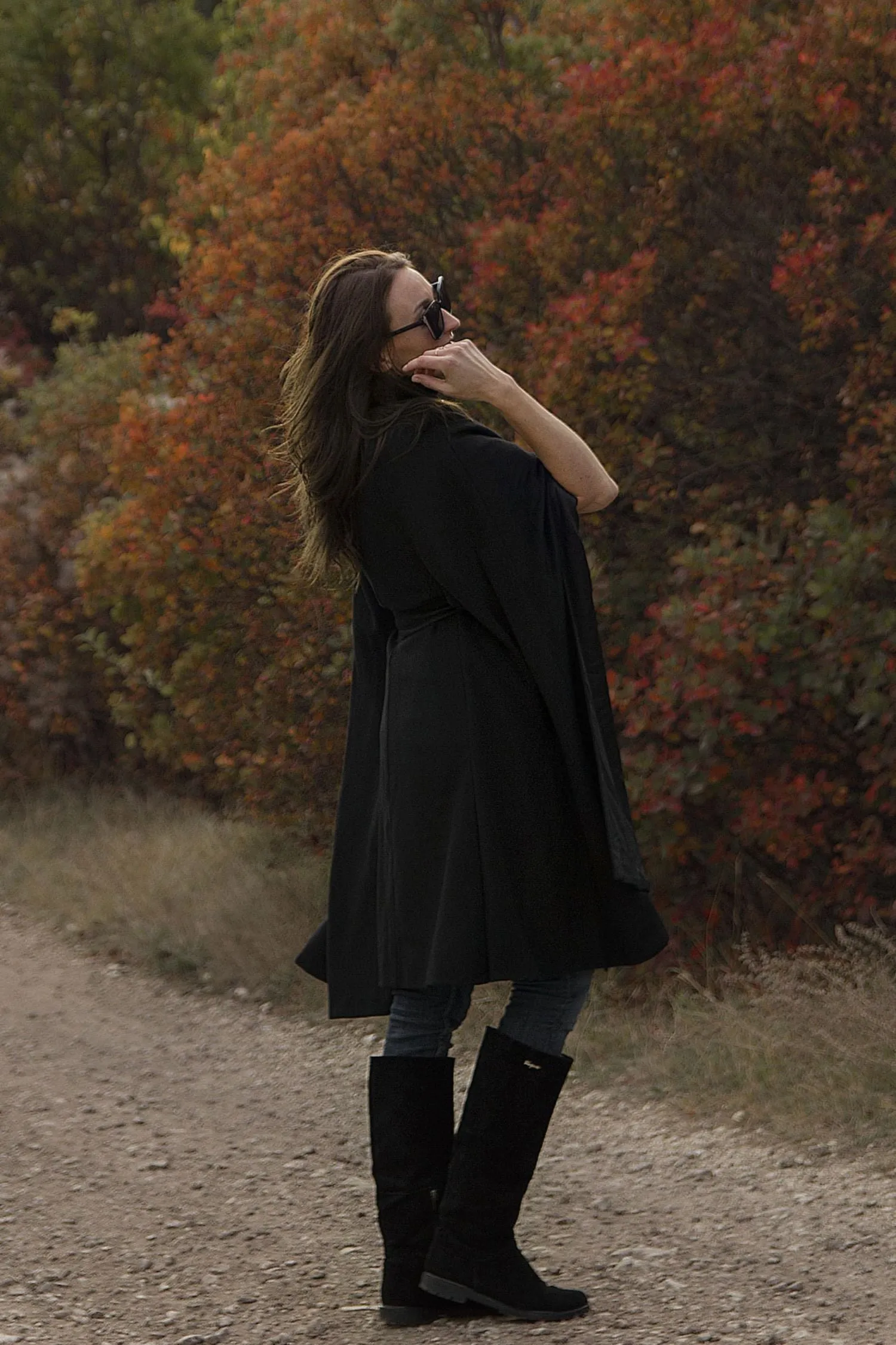 Black Winter Wool Cape Coat 3216