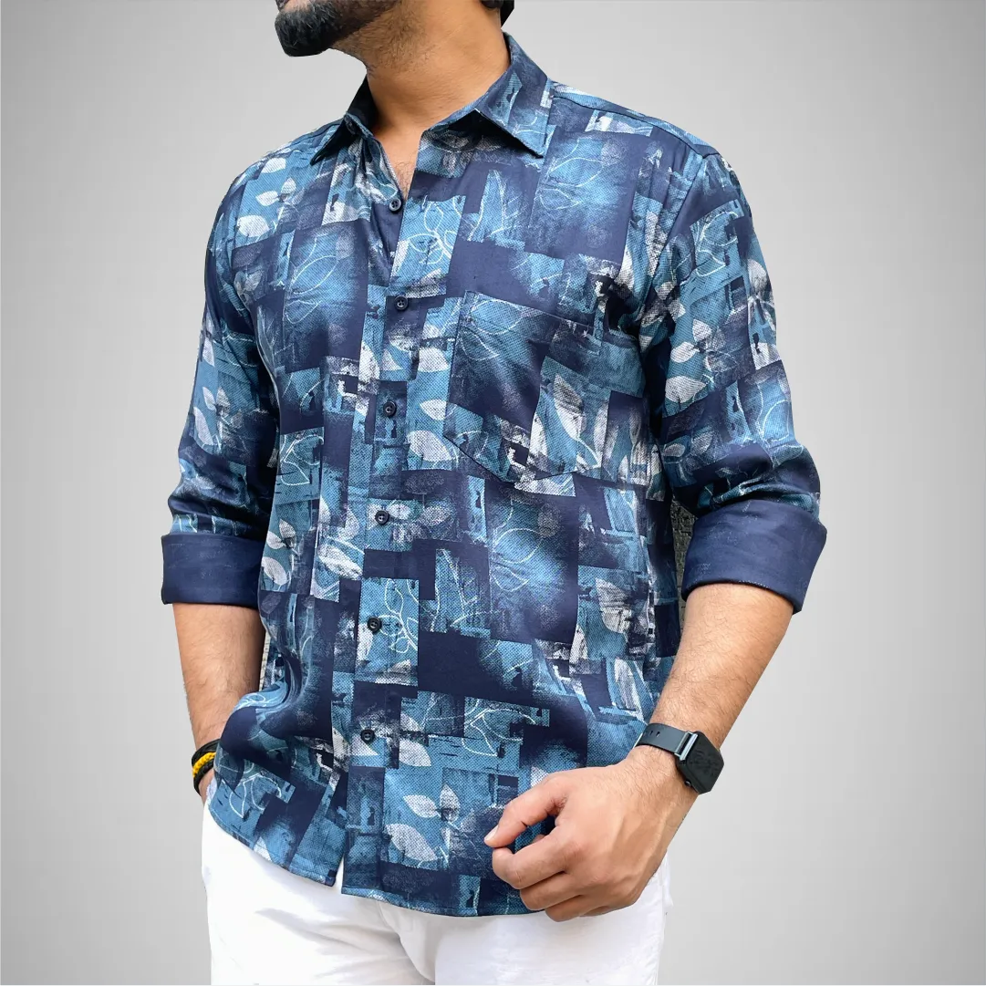 BLUE AND GREY PATCH PRINTED SHIRT - WRINKLE FREE