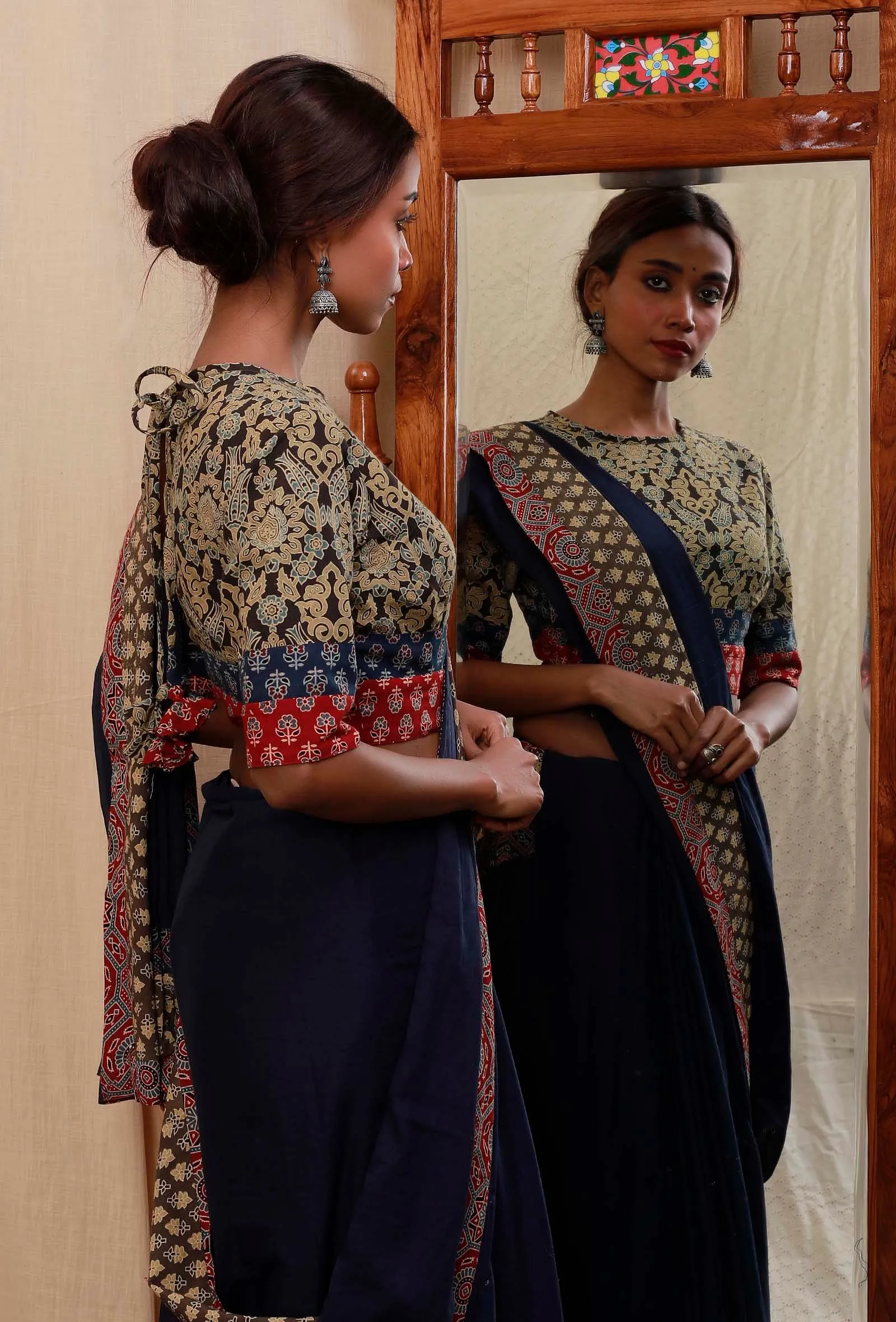 Blue and Red Round Neck Ajrak Printed Cotton Blouse