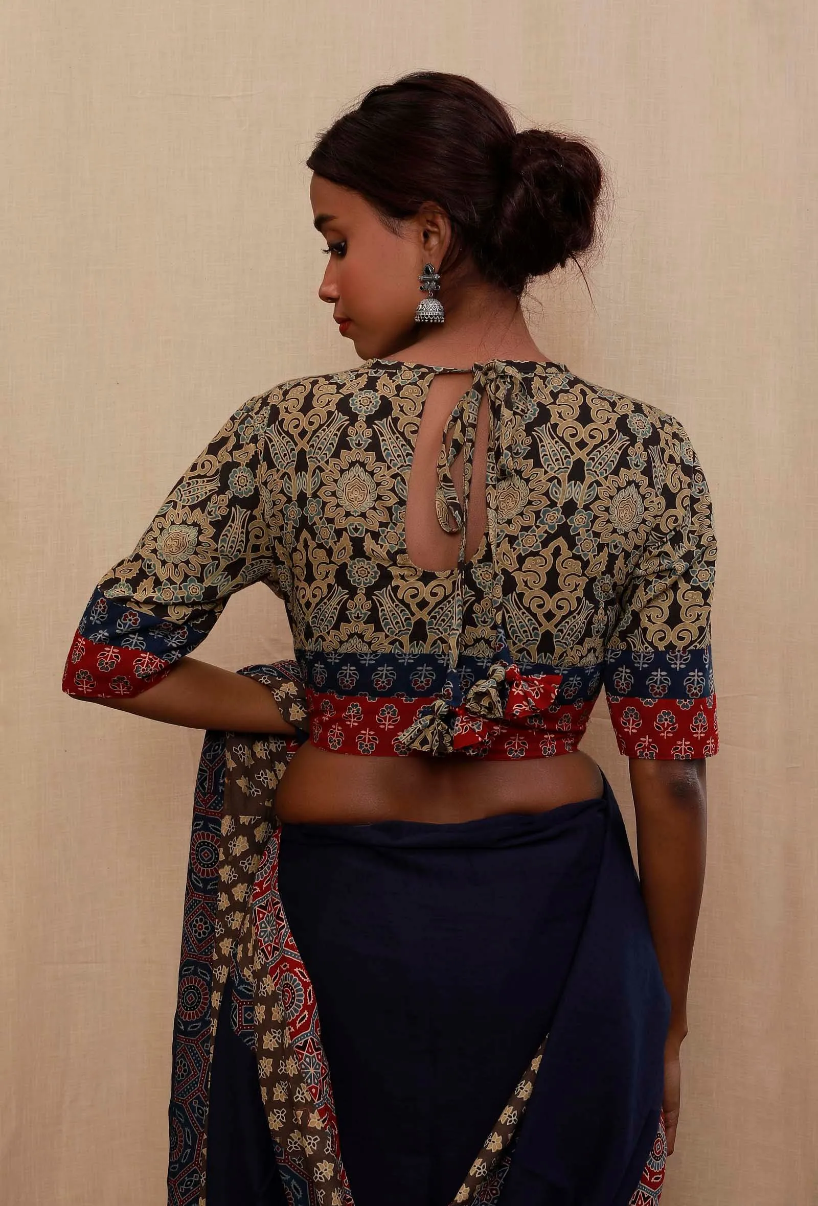 Blue and Red Round Neck Ajrak Printed Cotton Blouse