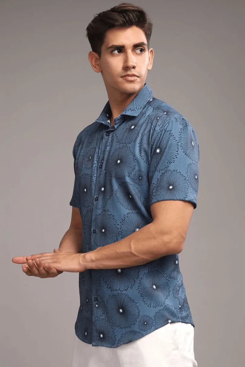 Blue Blossom Printed shirt - Half - Wrinkle Free