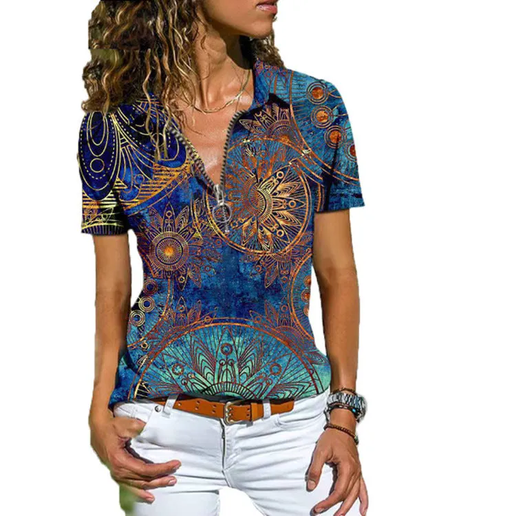 Bohemian West Ethnic Zip Short Sleeve T-Shirt