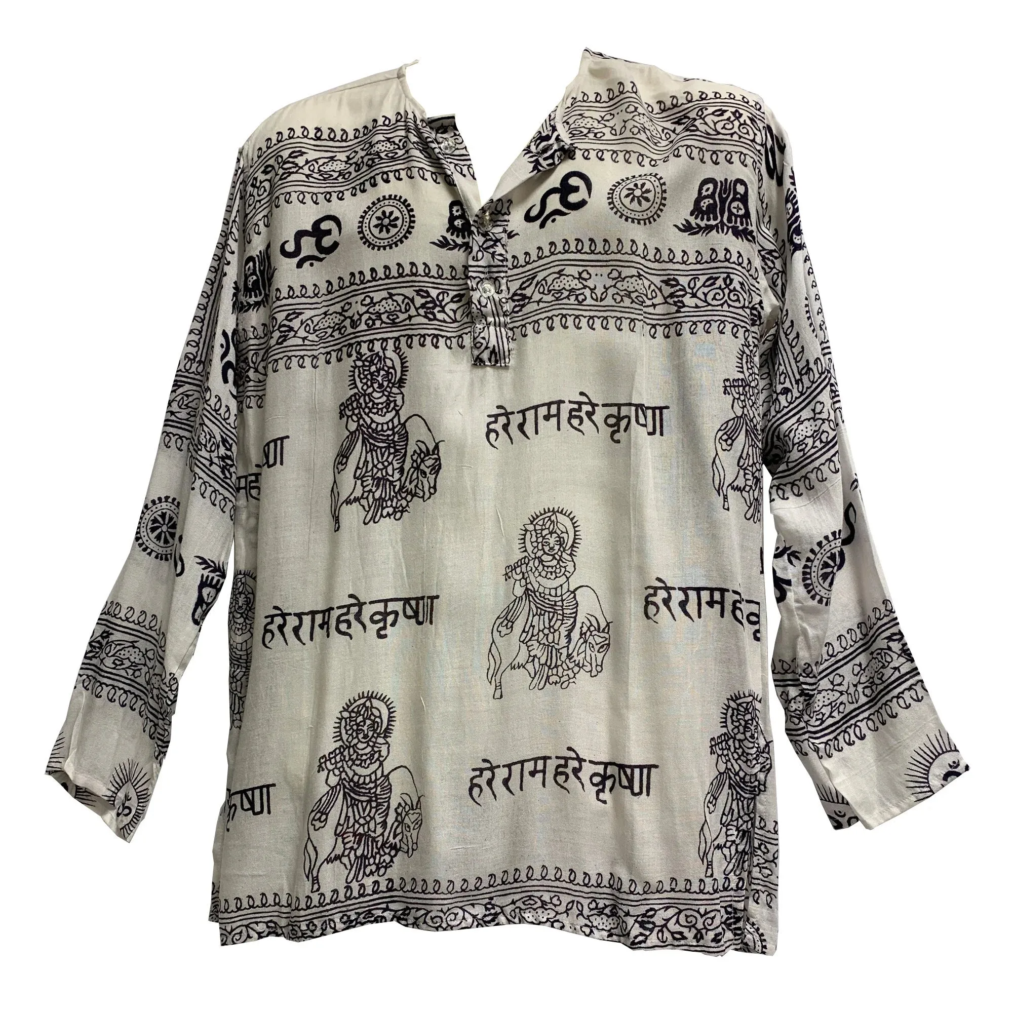 Boho Bohemian Unisex Long Sleeve Hippie Mantra Indian Ethnic Print Block Print Kurta Top Mens shirt. Womens loose fit shirt.