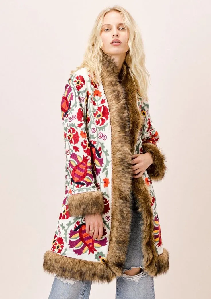 BOHO EMBROIDERED MIDI COAT WITH FAUX FUR TRIM