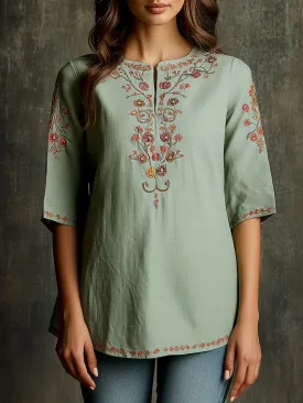 Boho V-neck 3/4 Sleeves Embroidery Tunic Top